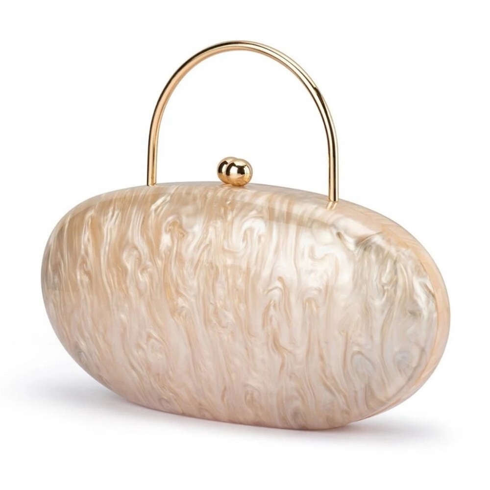 Olga Berg Pearlized Cream Acrylic Oval Minaudière with Gold Handle